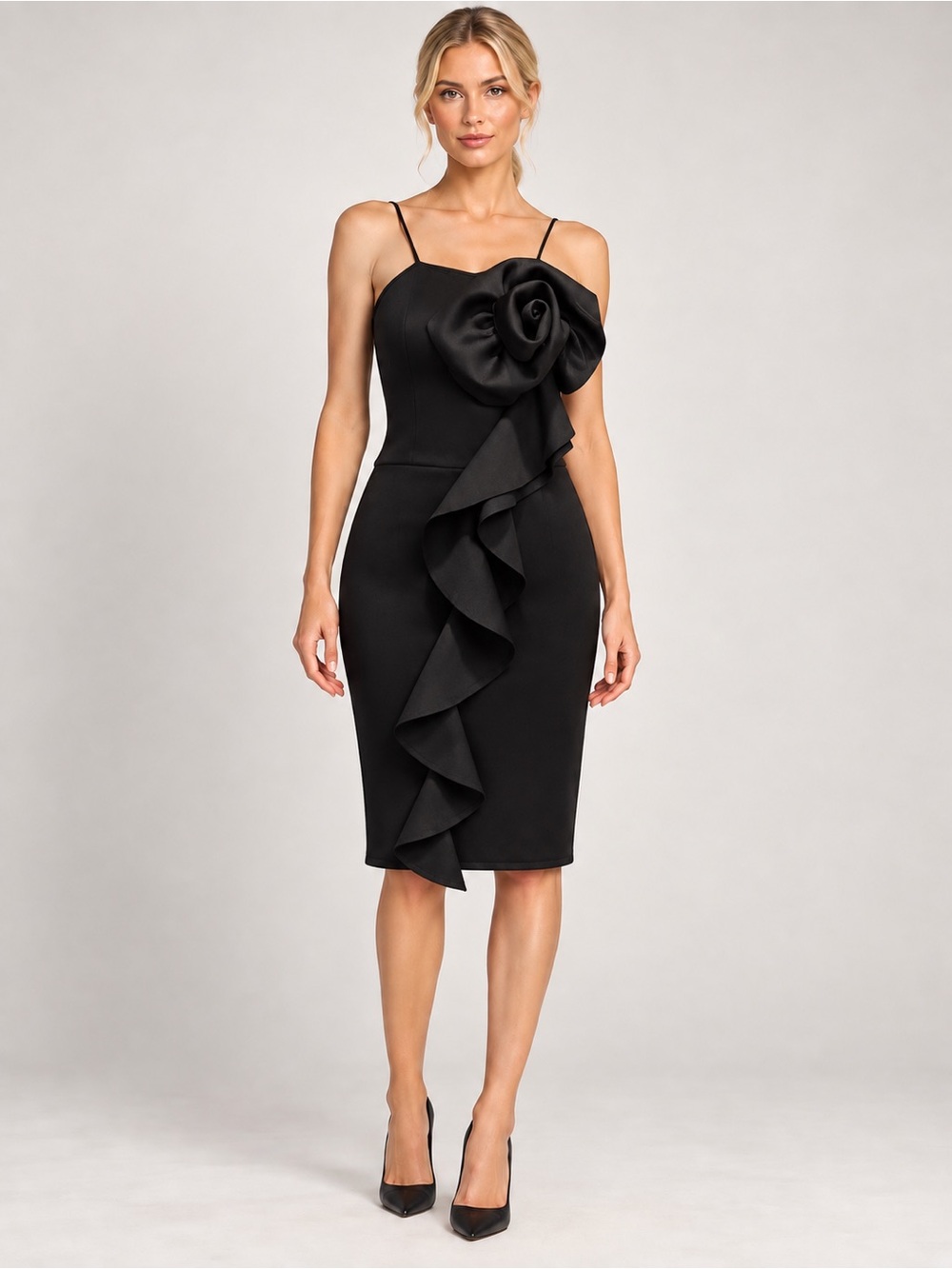 Violet weekend Black Rosette Ruffle Midi Dress